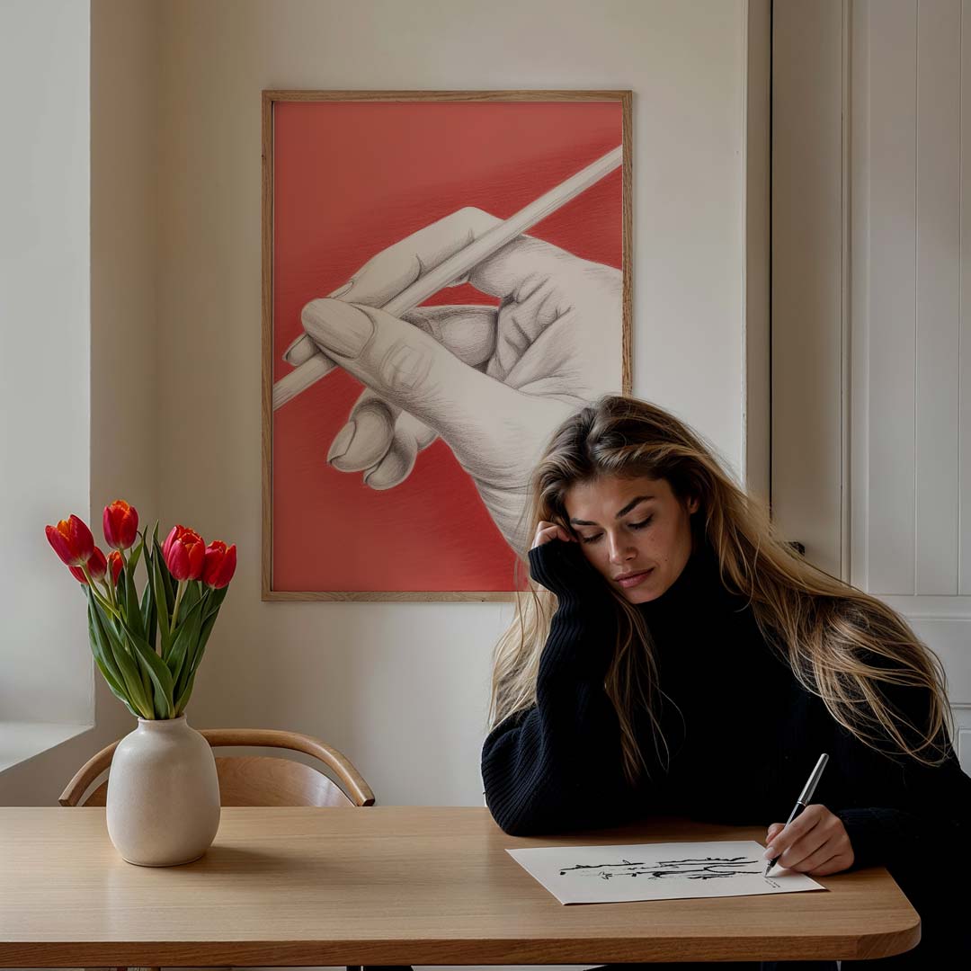 Handgetekende Kunst: Elegante Hand – staande muurposter met abstracte vormen