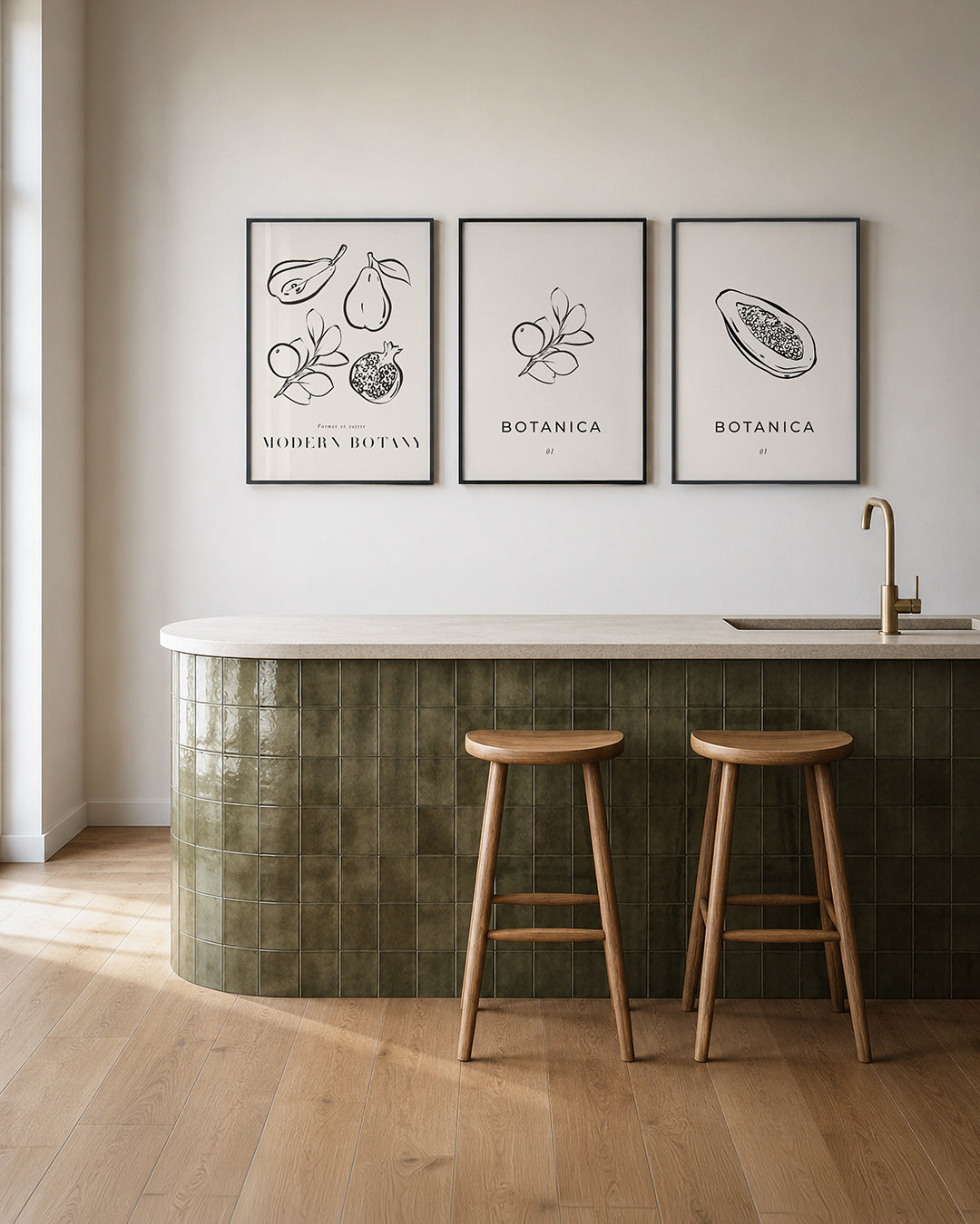 Botanische lijnenspel posterset – tweede productweergave – deze posterset toont een speelse verzameling van fruitvormen in