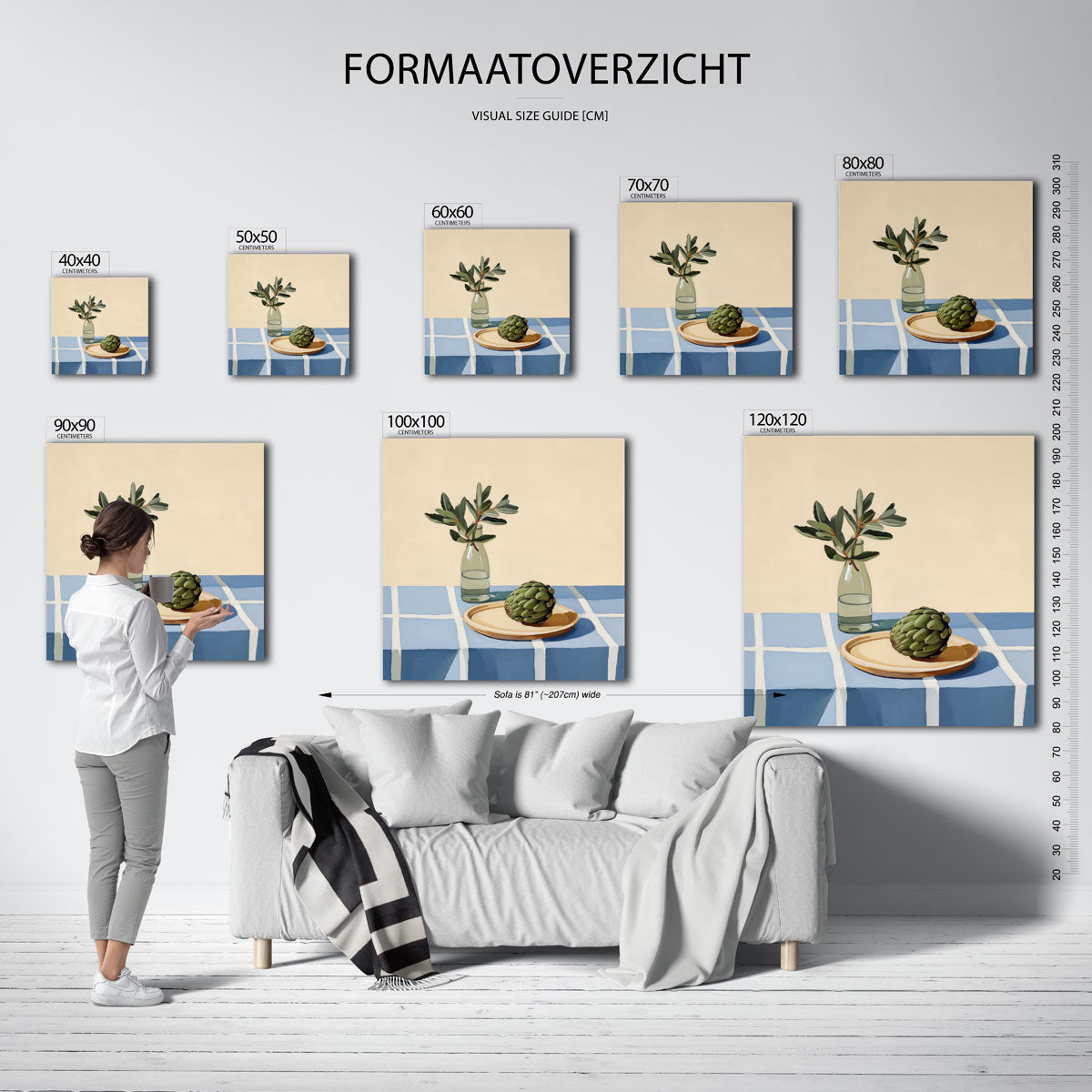 Groene fles en artisjok – vierkante muurposter voor keuken of eethoek