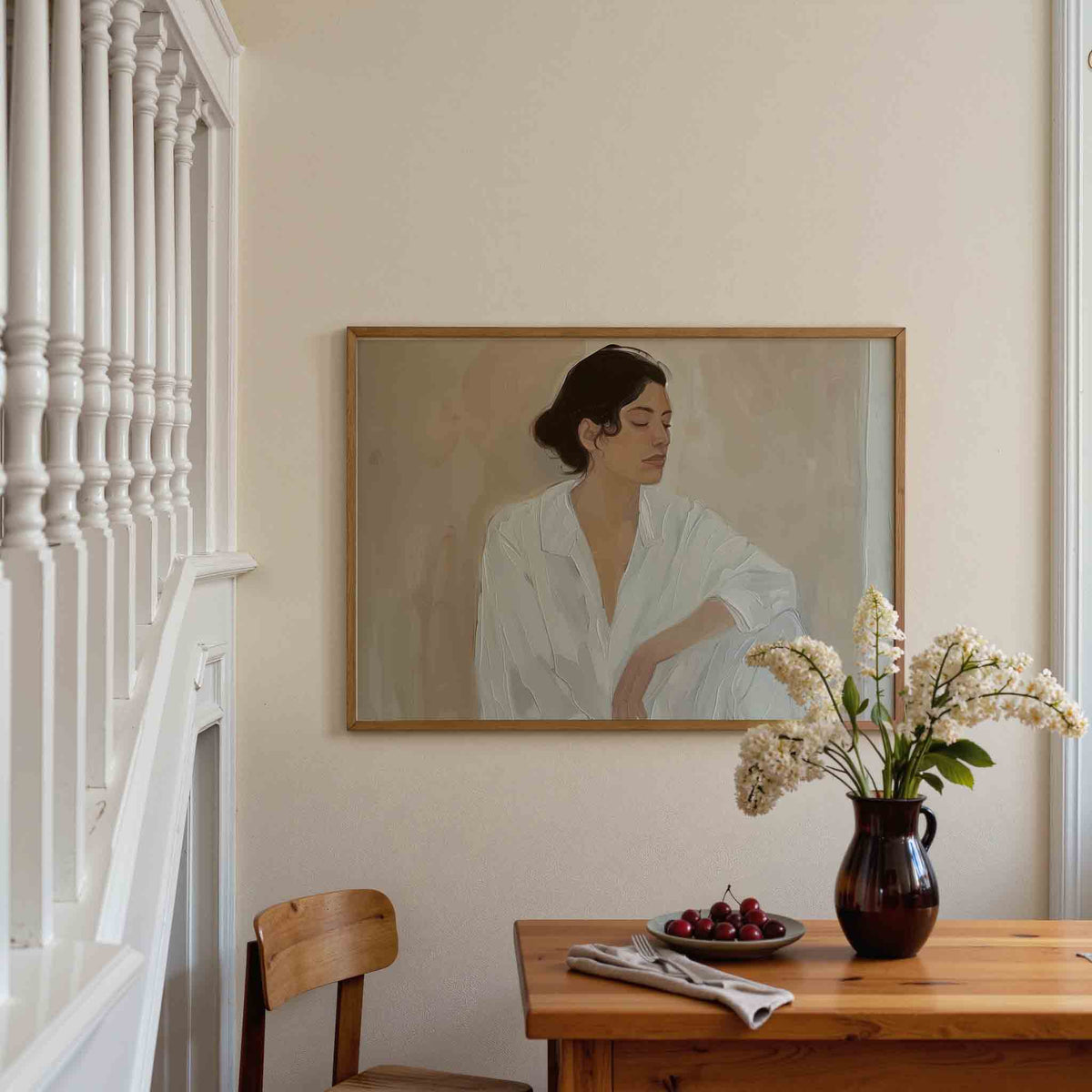 Vrouw in witte kleding – liggende illustratie poster als wanddecoratie