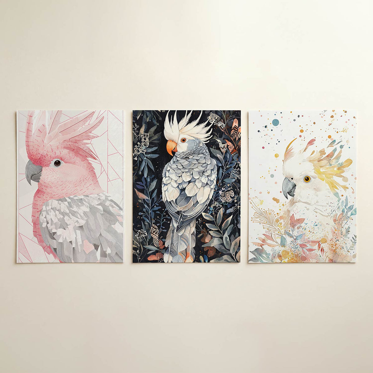 Vogel en lijnenspel posterset – detailweergave – een vogel in zachte roze en grijze tinten, omringd door een