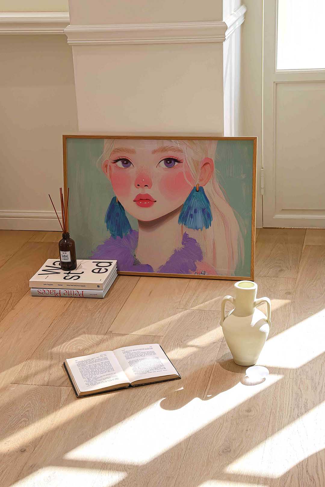 Portret met blauwe oorbellen – liggende portret wanddecoratie van WallArtistic