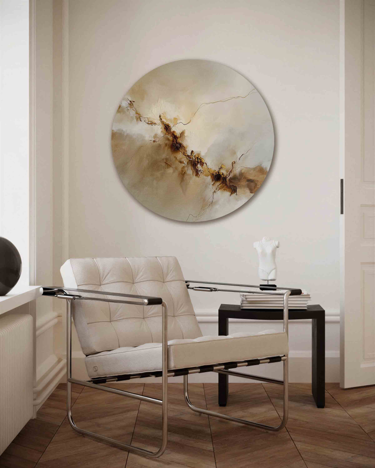 Abstracte beige – abstracte muurcirkel als ronde wanddecoratie