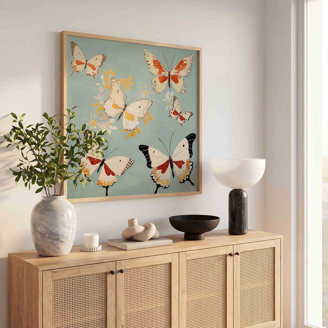 Vlinders op blauwe achtergrond – dierenillustratie als vierkante poster
