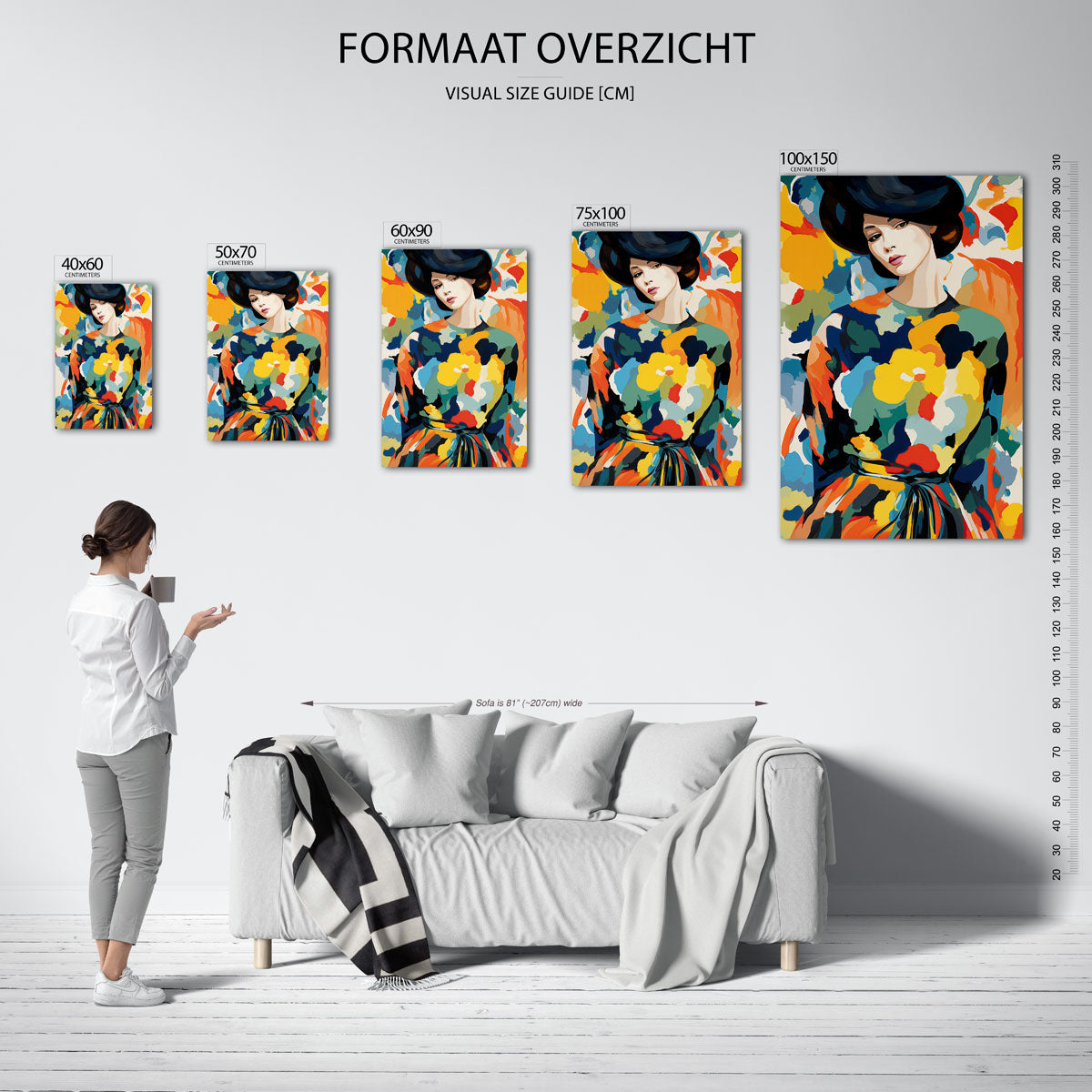 Vrouwelijk portret kleurenexplosie – staand wanddecoratie kunstwerk