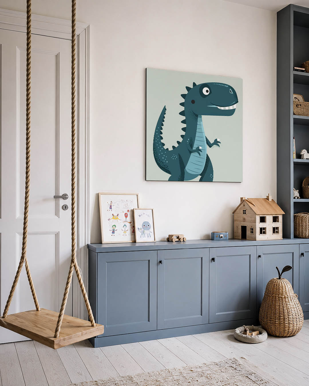 Speelse dino illustratie kunstwerk – vierkante wanddecoratie – dit werk toont een speelse dinosaurus met een glimlach. De
