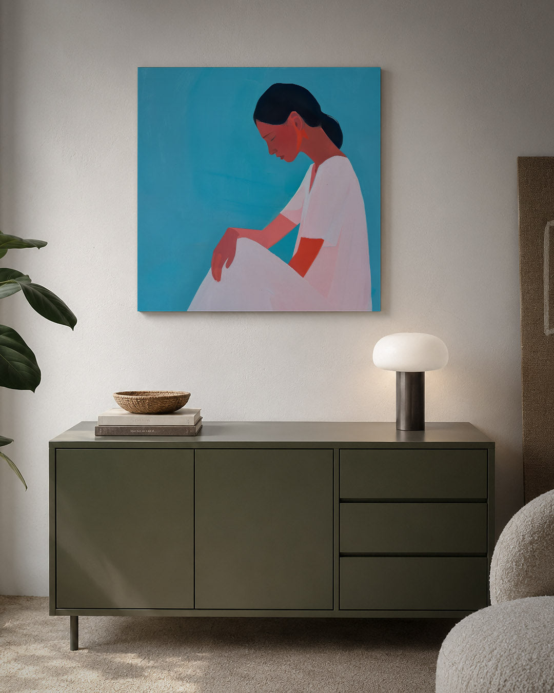Vrouwelijke silhouet kunstwerk – detailweergave – dit werk toont een vrouw in profiel tegen een blauwe achtergrond. De