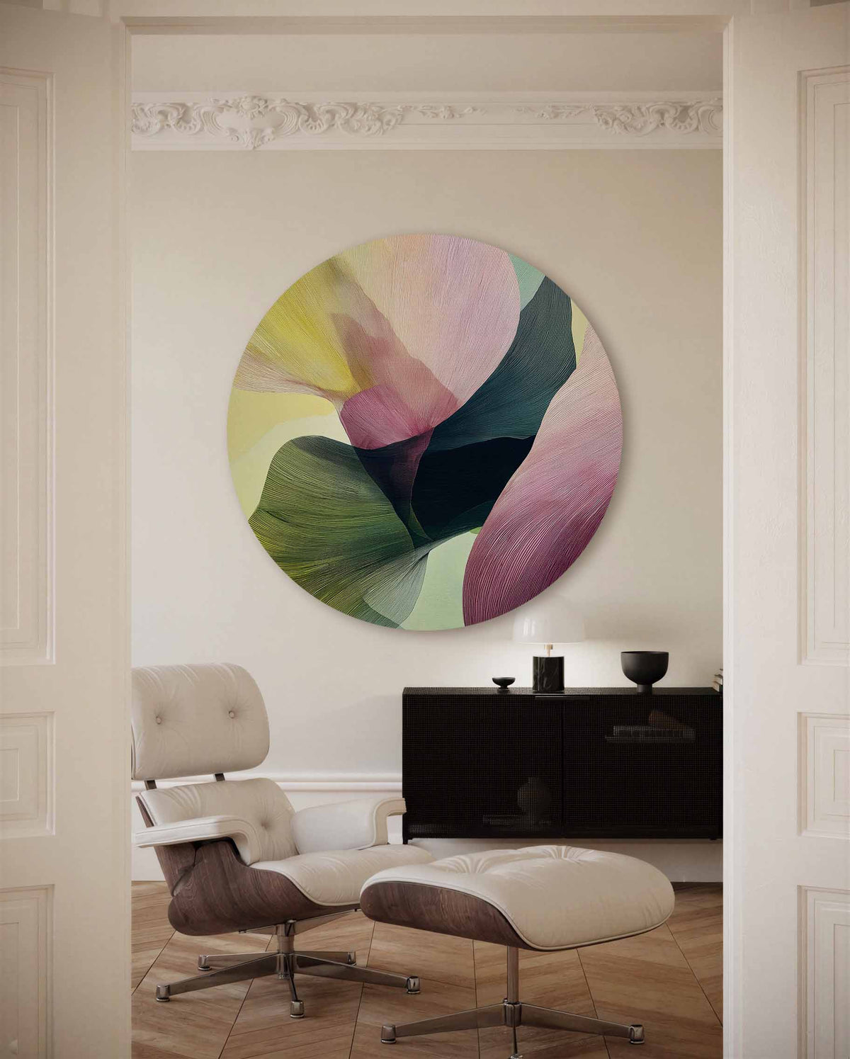 Vloeiende vormen – moderne abstracte muurcirkel voor aan de muur