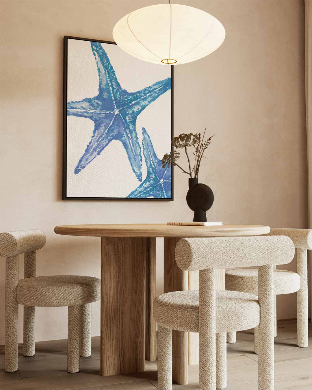 Blauwe zeester close-up – dibond kunstwerk als wanddecoratie
