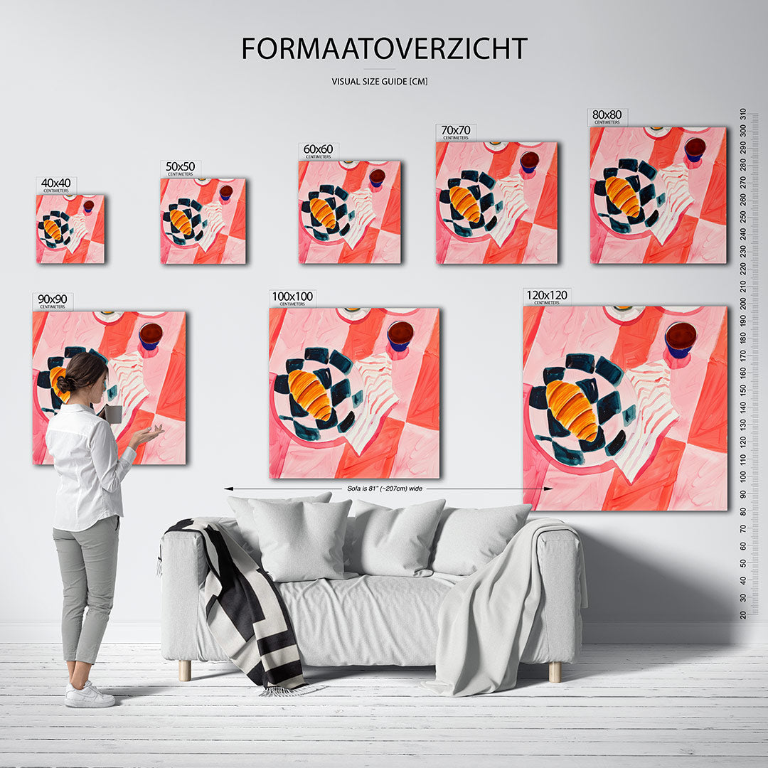 Vrolijk ontbijt tafereel kunstwerk – sfeerbeeld – dit werk toont een kleurrijk tafereel met een croissant op een bord