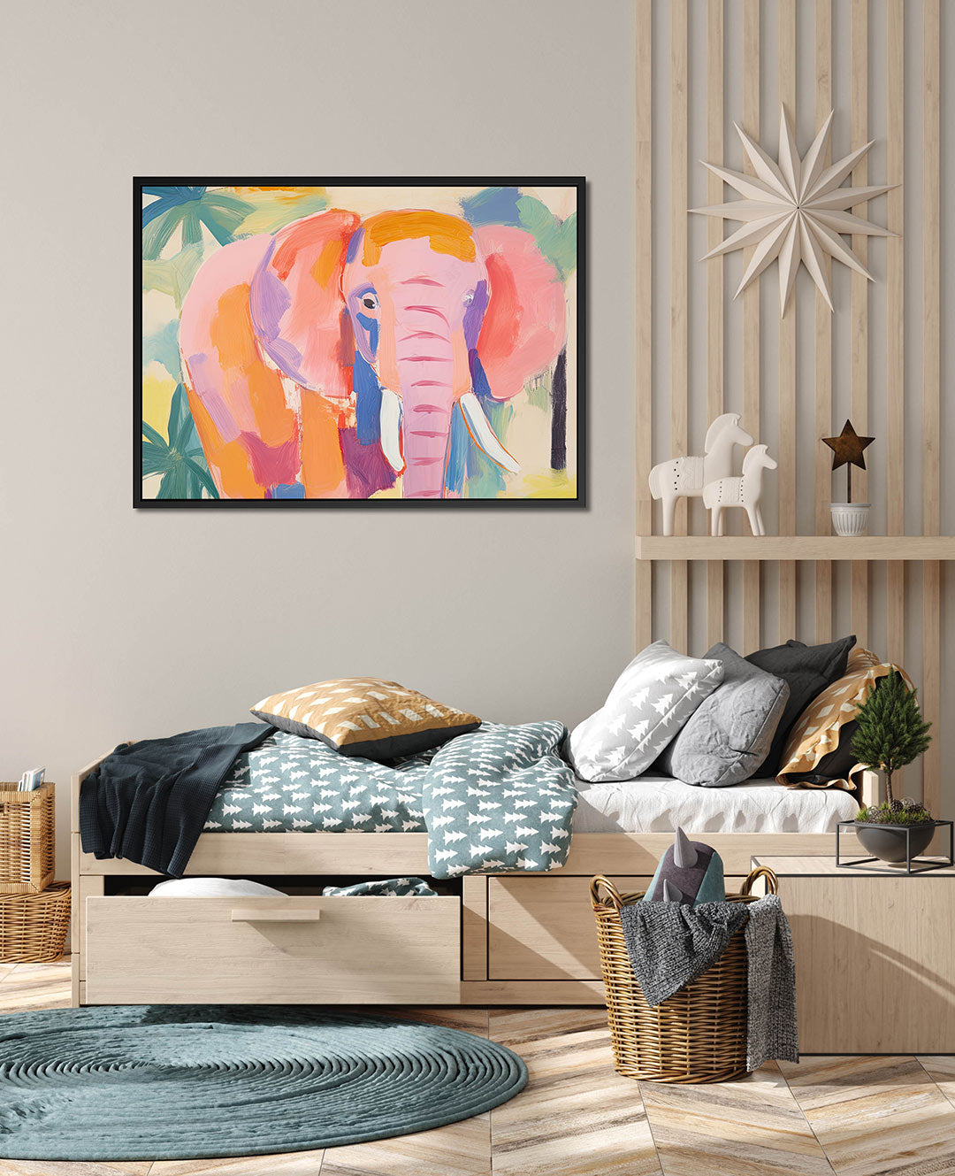 Kleurrijke olifant – wanddecoratie in interieur