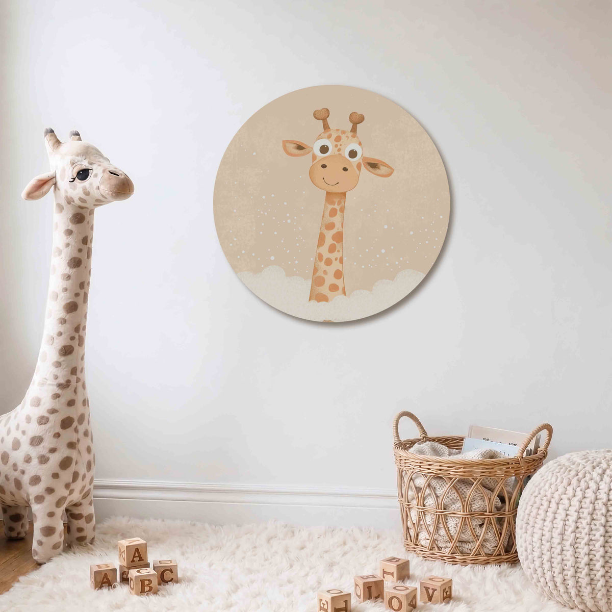 Giraffe in bad Muurcirkel – Een giraffe met grote ogen en bruine vlekken steekt zijn hoofd uit een bad vol schuim op een