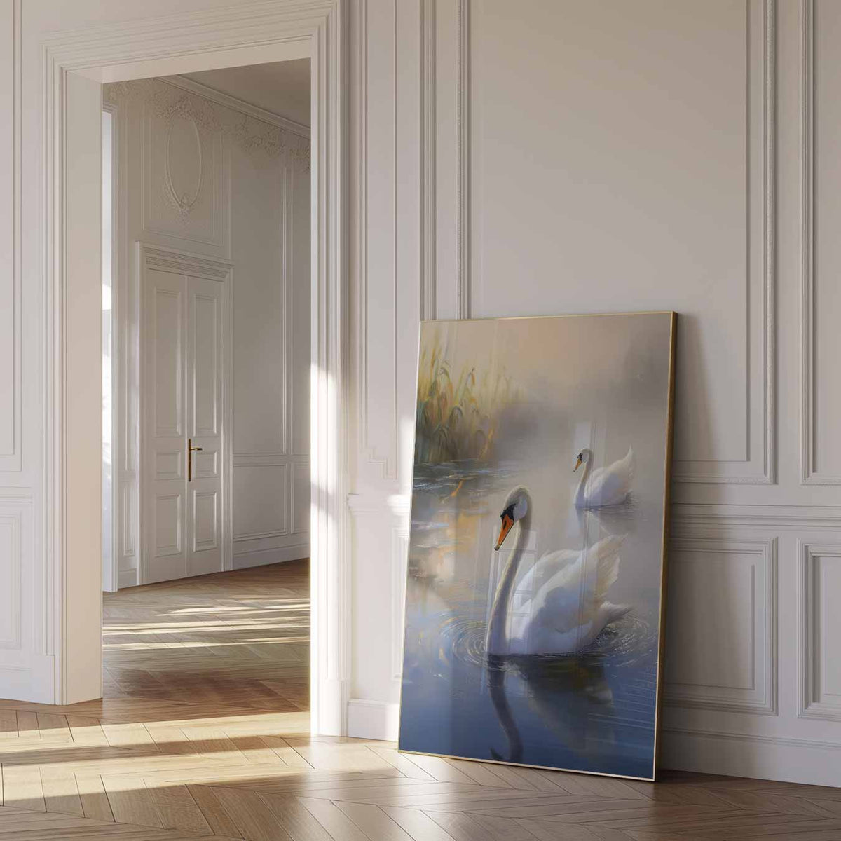 Elegant Zwevend Zwanenpaar – dierenposter als moderne staande wanddecoratie