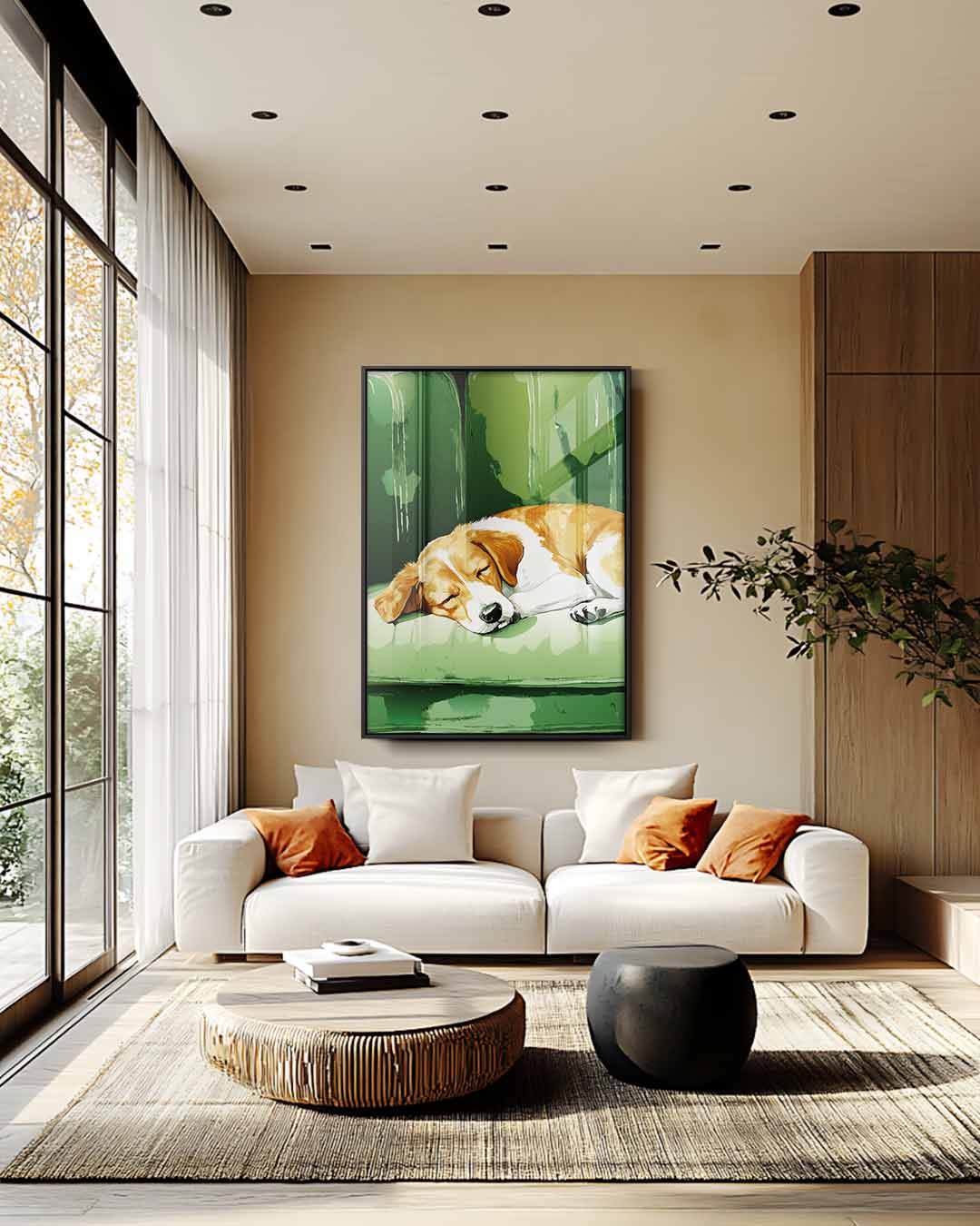 Slapende Beagle op Groene Bank – staande wandkunst voor woonkamer of interieur