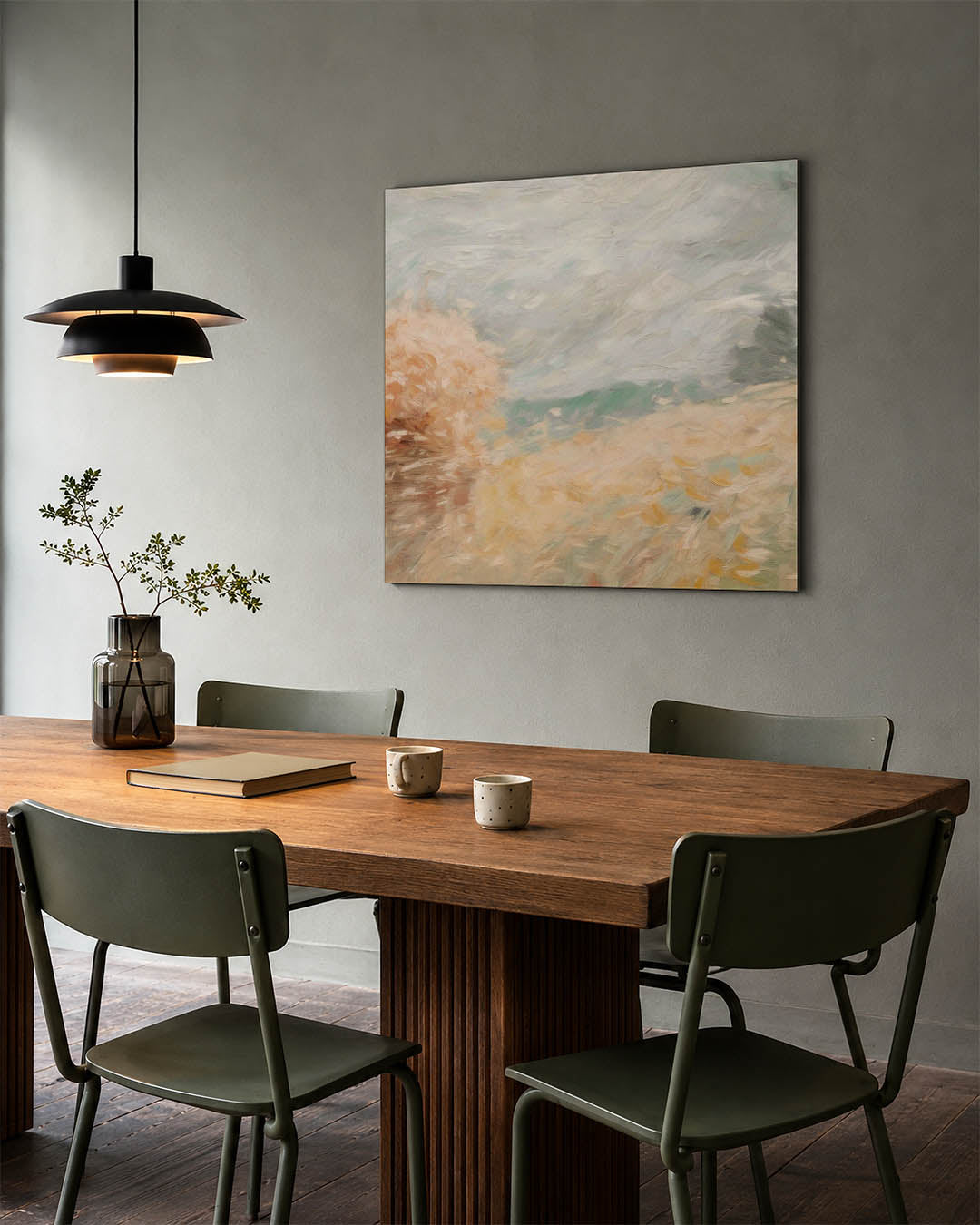 Dromerige landschapstinten kunstwerk – tweede productweergave – dit werk toont zachte penseelstreken in beige en grijs, met