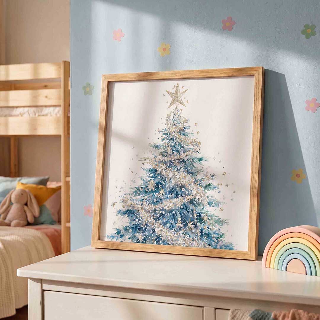 Kerstboom met ster – speelse wandkunst als vierkante kinderposter