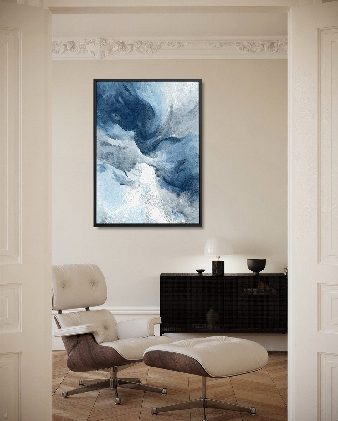 Dynamische blauwe vormen – moderne staande wandkunst