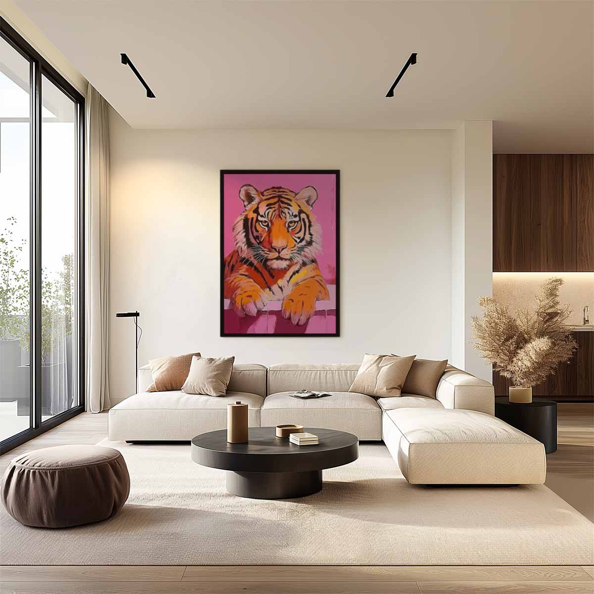 Badende Tijger op Roze Achtergrond – staand kunstwerk voor modern interieur