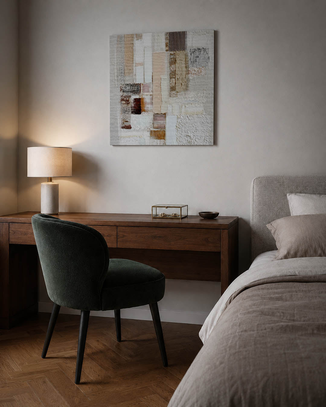 Geometrische texturen kunstwerk – sfeerbeeld – dit werk toont een compositie van rechthoekige vormen in zachte tinten. De