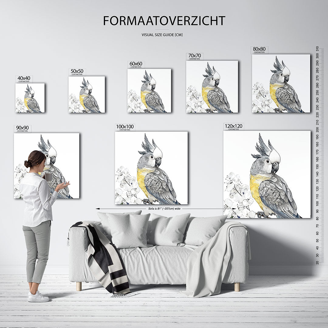 Vogels en bloemen kunstwerk – dit kunstwerk toont een gedetailleerde vogel met levendige veren naast delicate bloemen, met
