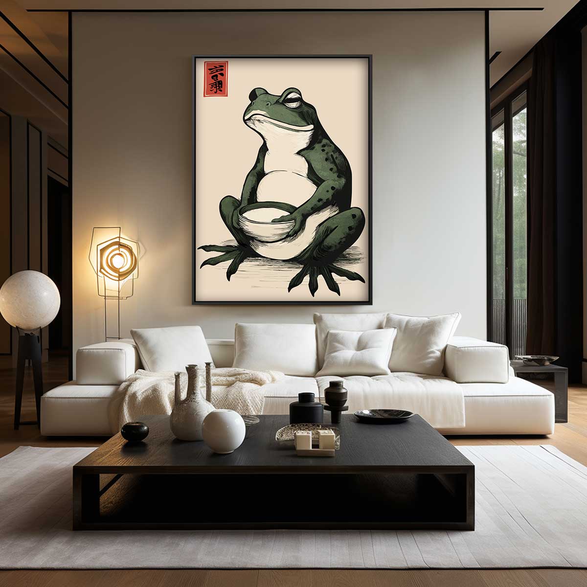 Zen Kikker met Kom – kunstwerk met zwarte baklijst