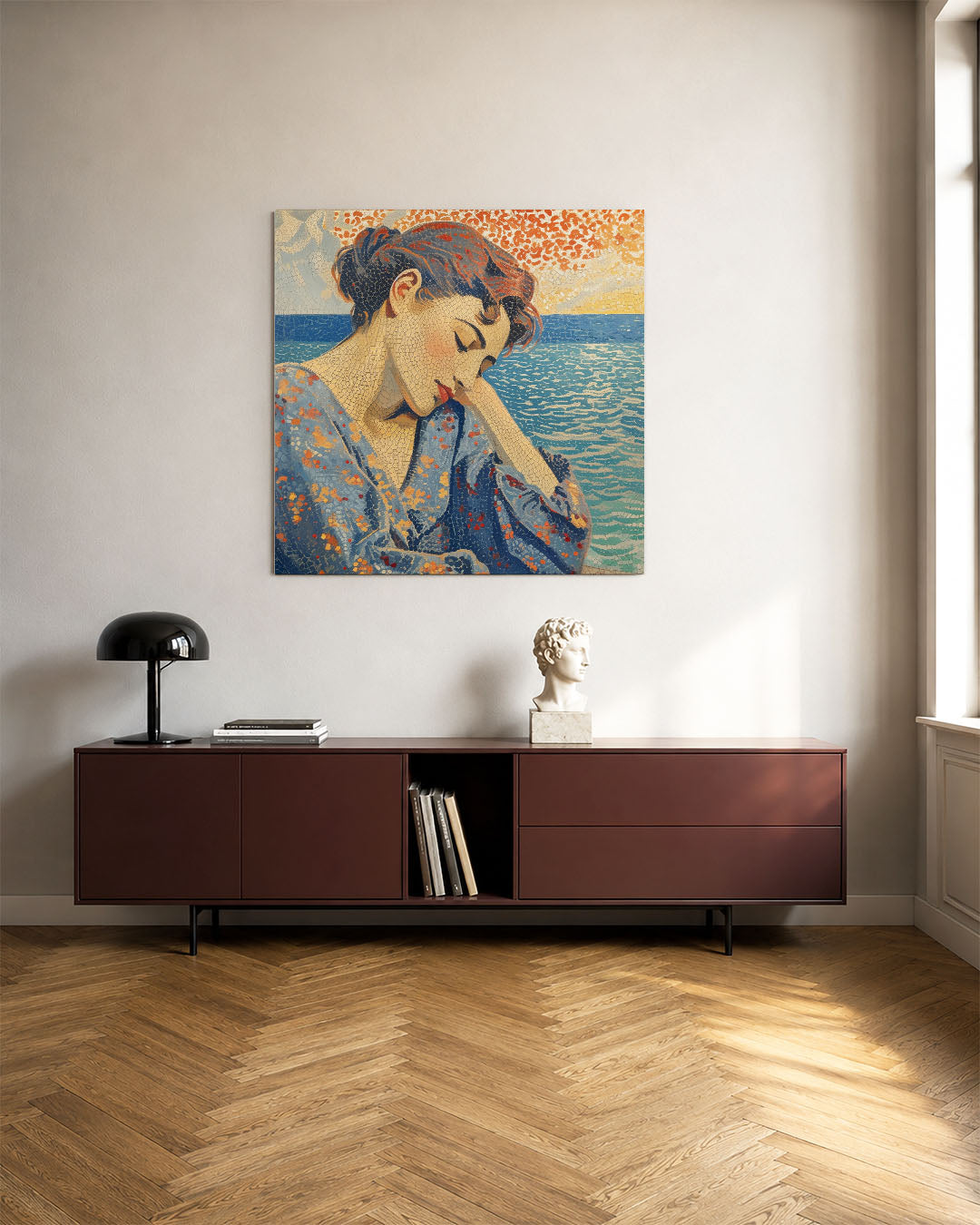 Dromerige vrouw kunstwerk – tweede productweergave – dit werk toont een vrouw met gesloten ogen, omringd door een zee en