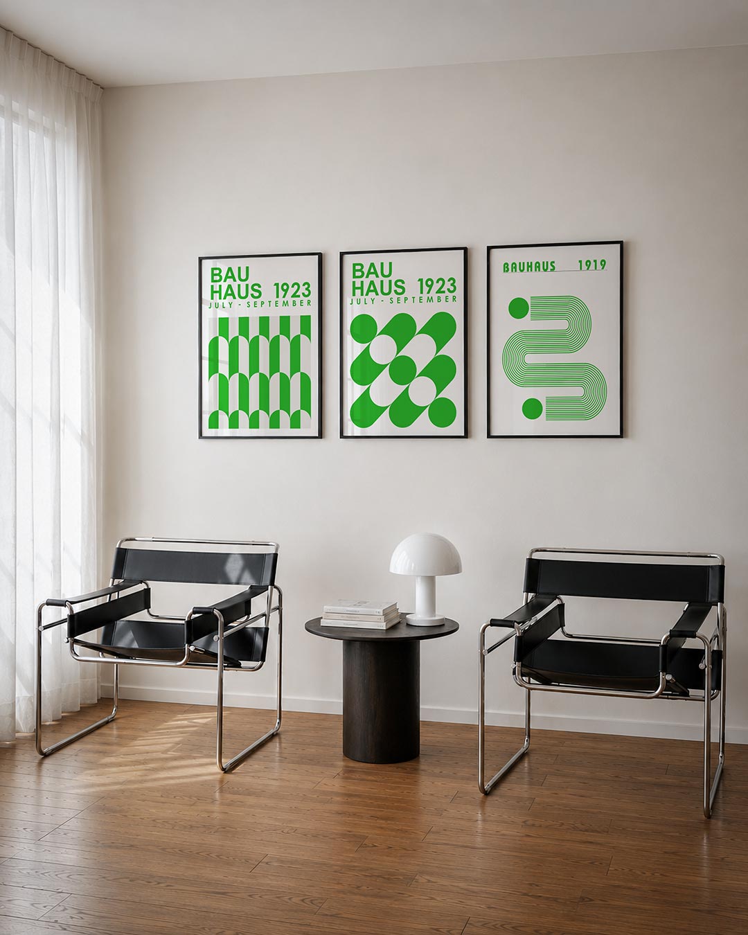 Groene lijnenritme posterset – tweede productweergave – deze posterset in drie delen toont een levendig spel van groene en