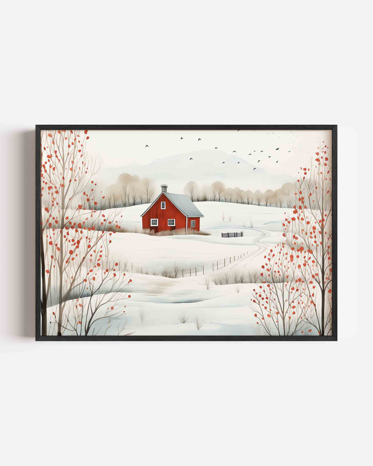 Winterlandschap met rood huis – hedendaagse illustratie poster in landscape formaat