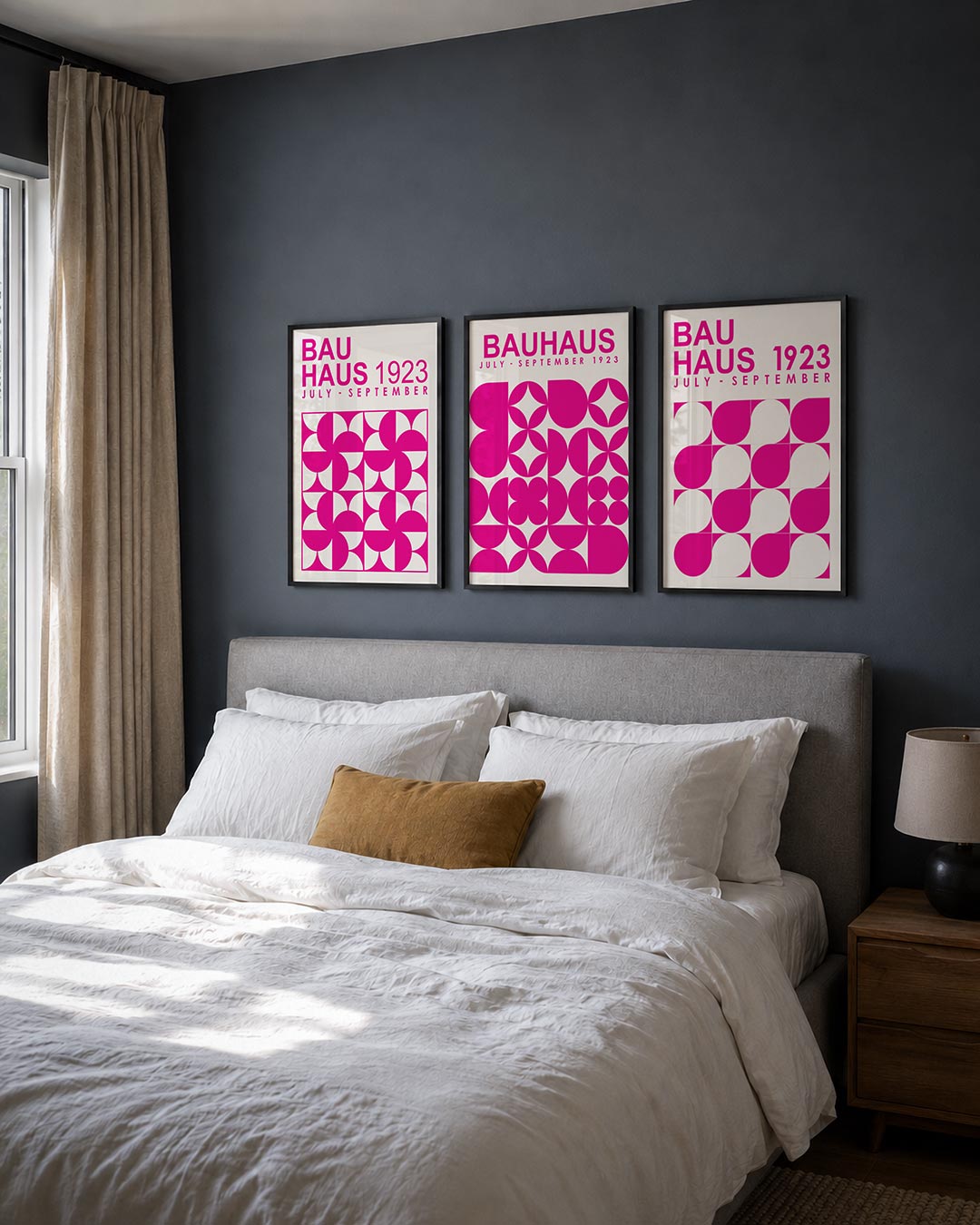 Vorm en kleur posterset – detailweergave – deze posterset in drie delen toont een levendig spel van roze en wit. Cirkelvormen