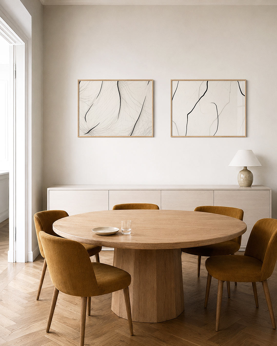 Twee liggende posters met een spel van dunne, kronkelige lijnen op een lichte achtergrond, aan de muur in een interieur