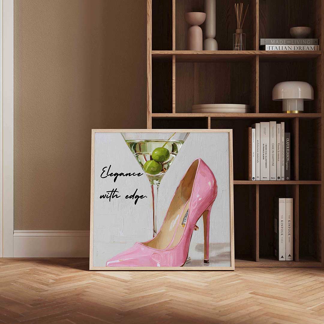 Martiniglas en roze pump – kleurrijke Pop Art poster in vierkant formaat