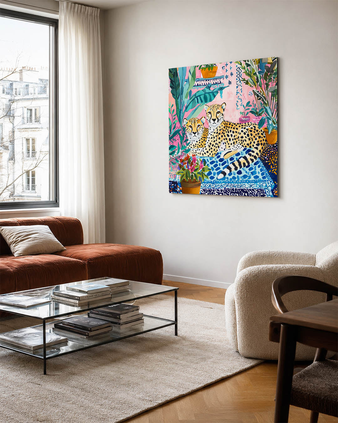 Exotische dieren en planten kunstwerk – vierkante wanddecoratie – dit werk toont twee luipaarden te midden van een weelderige