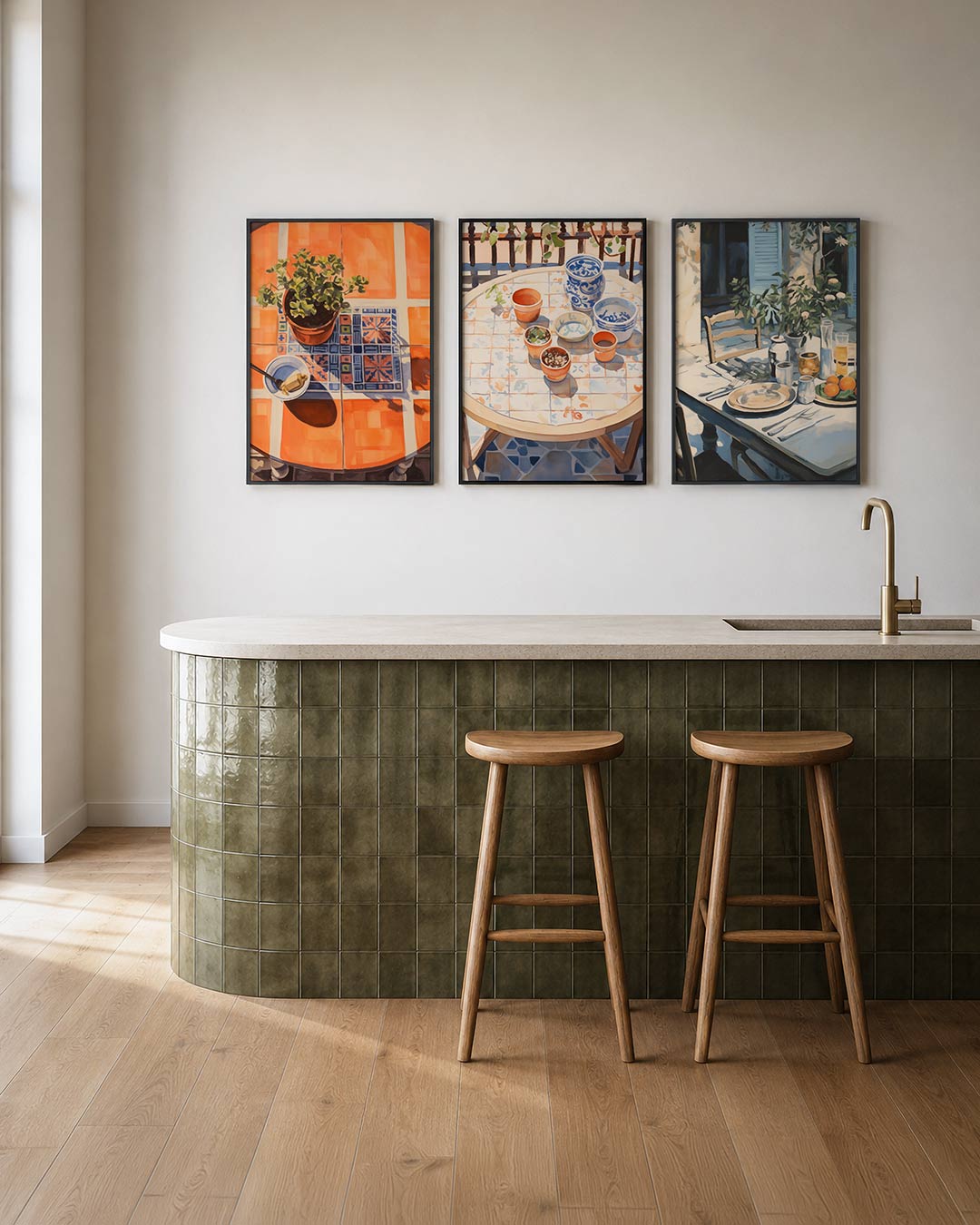 Tafelkleuren en schaduw posterset – tweede productweergave – een ronde tafel met oranje tegels en een kleurrijk patroon