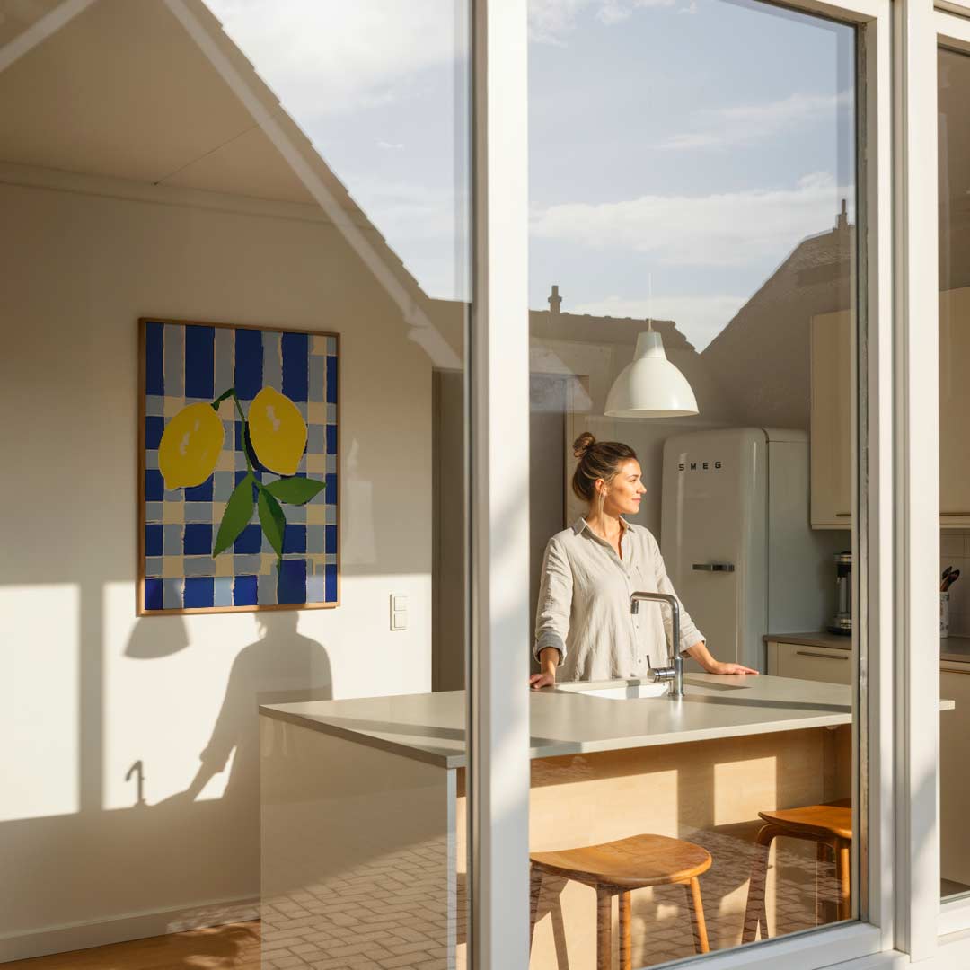 Zonnige Citroenen op Blauw – keukenposter in staand formaat