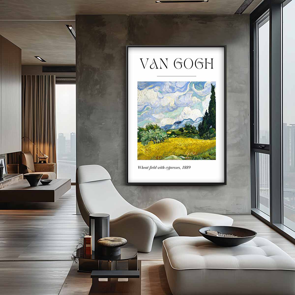 Landschap met Cypresbomen – kunstwerk met zwarte baklijst