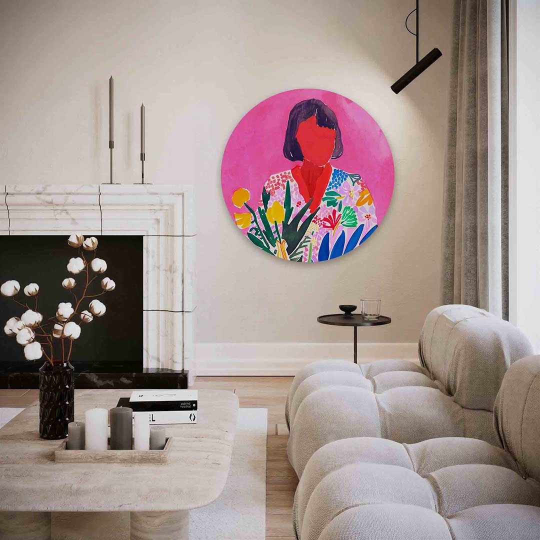 Vrouw met bloemen – abstracte textuur muurcirkel als wanddecoratie