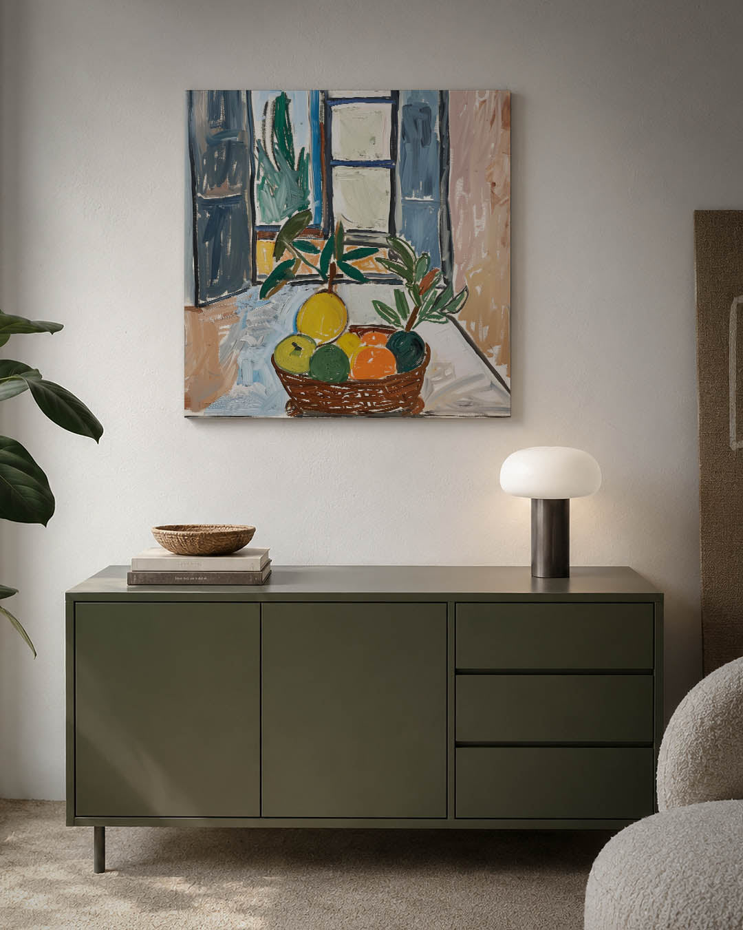Fruitmand bij raam kunstwerk – detailweergave – dit werk toont een fruitmand met levendige kleuren voor een open raam. De