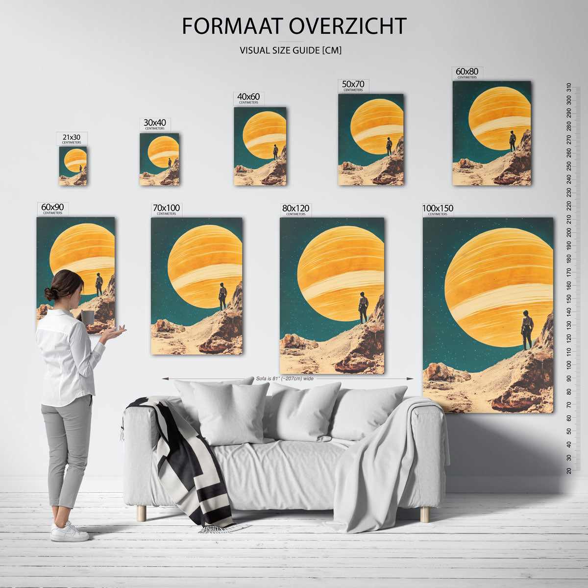 Persoon op planeet – staande muurposter met surrealistische uitstraling
