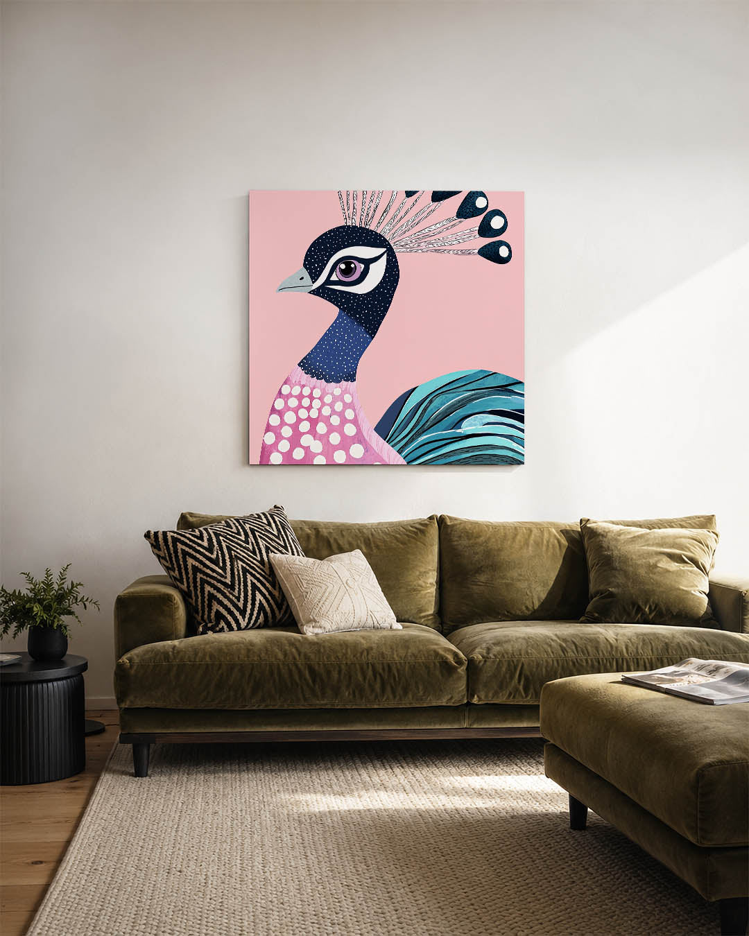 Vrolijke pauw kunstwerk – sfeerbeeld – dit werk toont een kleurrijke pauw met speelse patronen en levendige kleuren. De
