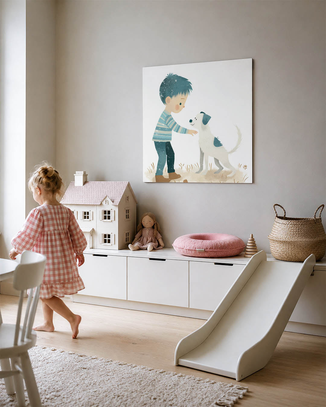 Vriendschap kind en hond kunstwerk – tweede productweergave – een jongen met blauw haar en een gestreept shirt streelt een