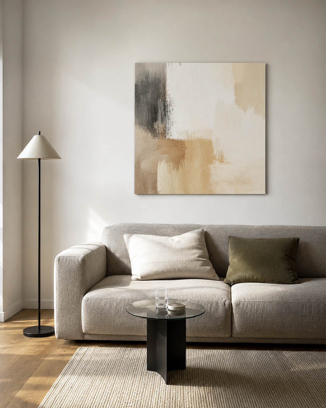 Zachte kleuren compositie kunstwerk – vierkante wanddecoratie – dit werk toont een harmonieuze mix van beige, wit en bruin