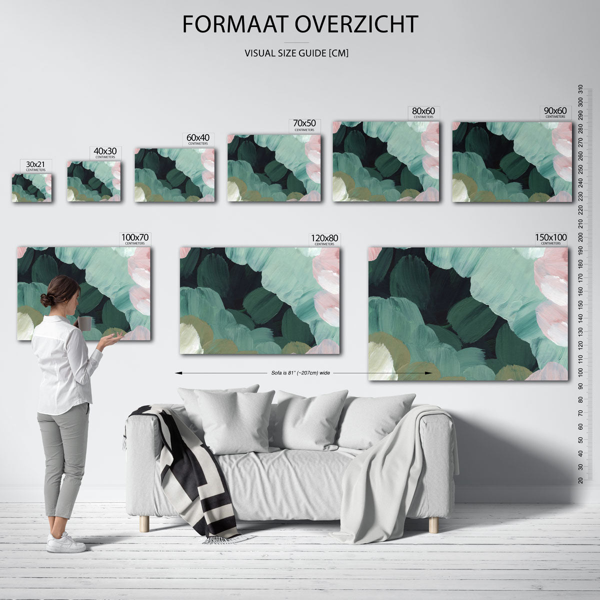 Abstracte groene vormen – liggende muurposter met artistieke uitstraling