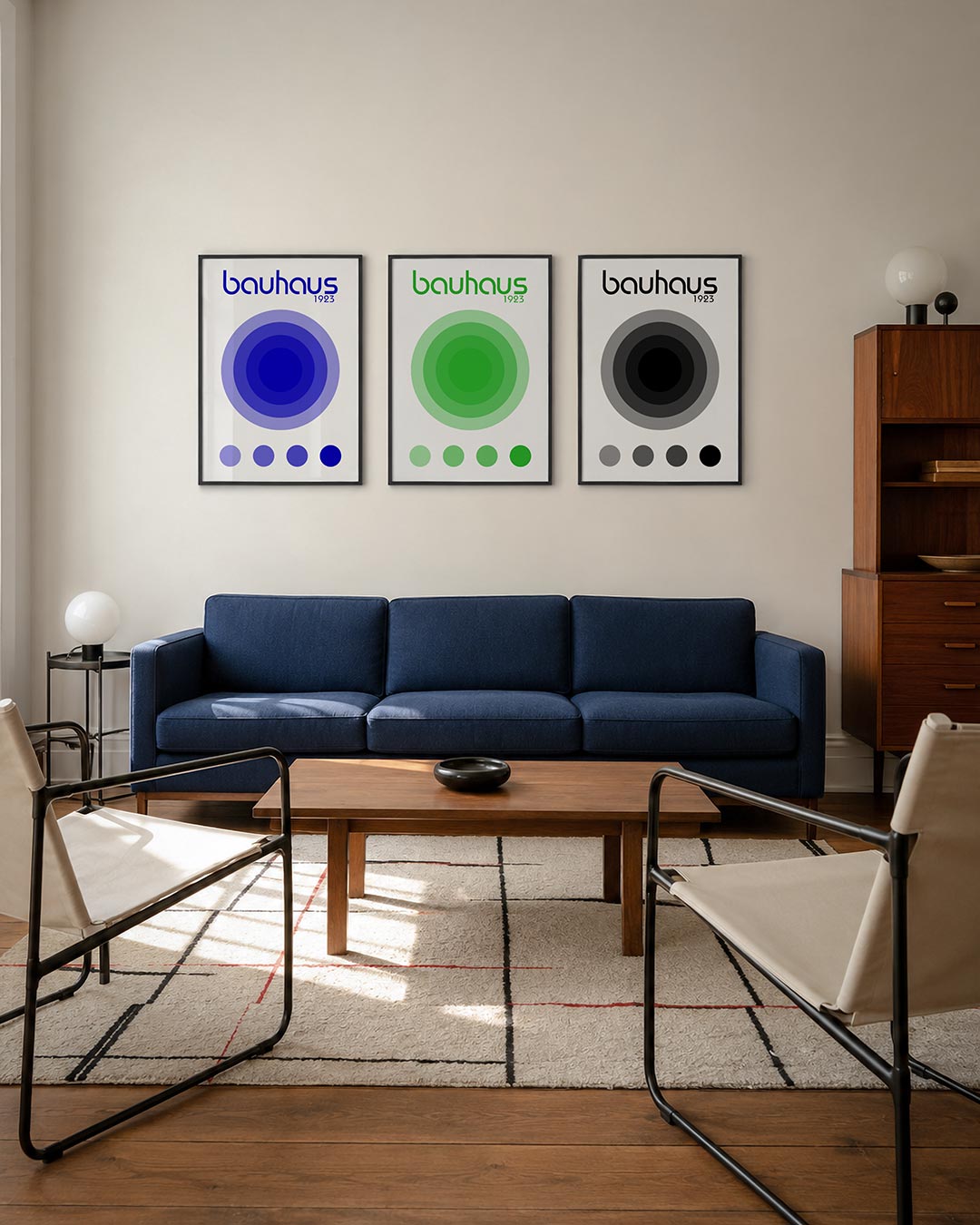Cirkelharmonie driedelige posterset – deze posterset in drie delen toont concentrische cirkels in blauwtinten. De compositie