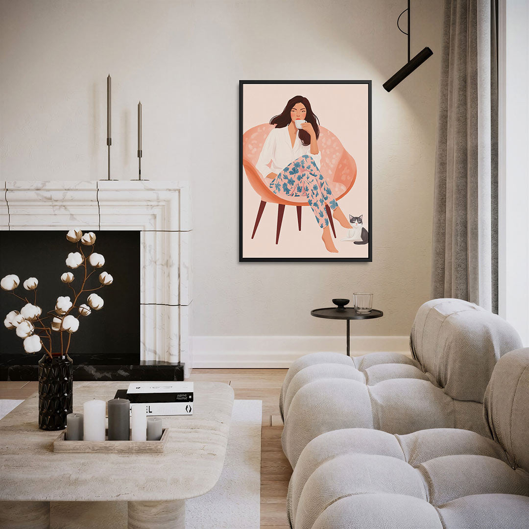 Vrouw met koffie – moderne staande wandkunst