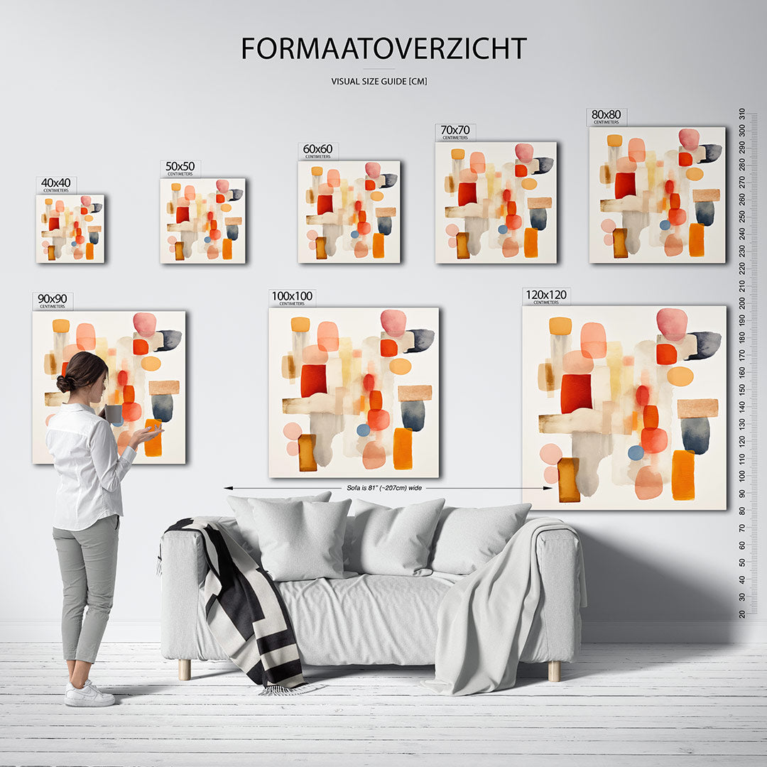 Vormenspel in kleur kunstwerk – sfeerbeeld – dit werk toont een dynamisch spel van organische vormen in warme tinten. De