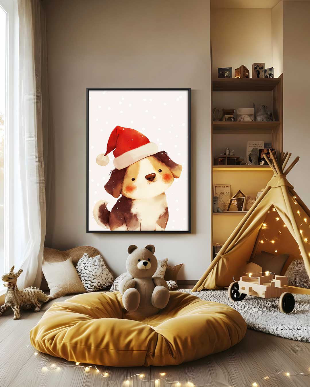 Schattige Kerst Puppy Illustratie – staand kunstwerk voor modern interieur