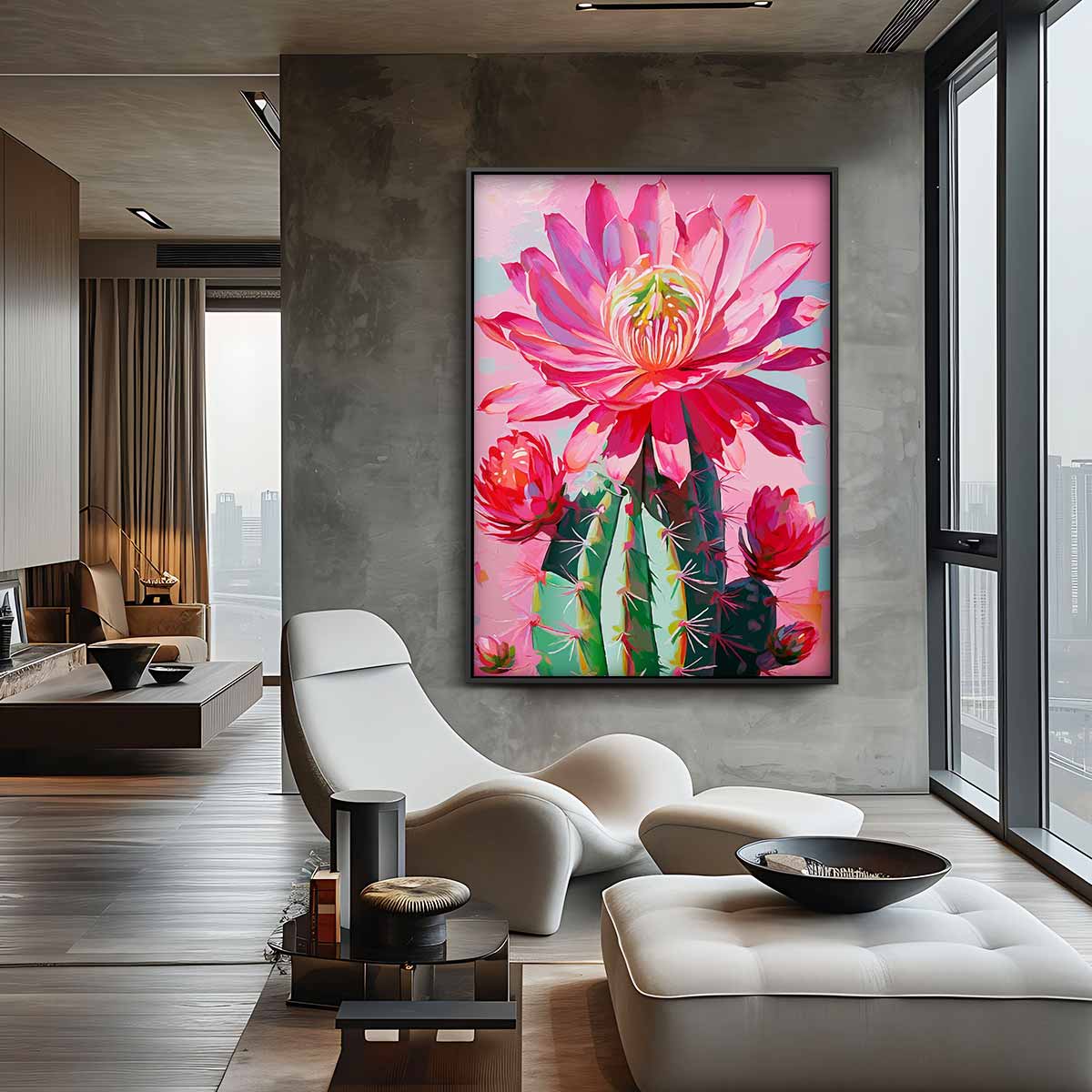 Bloeiende Cactus in Levendige Kleuren – staand kunstwerk voor modern interieur