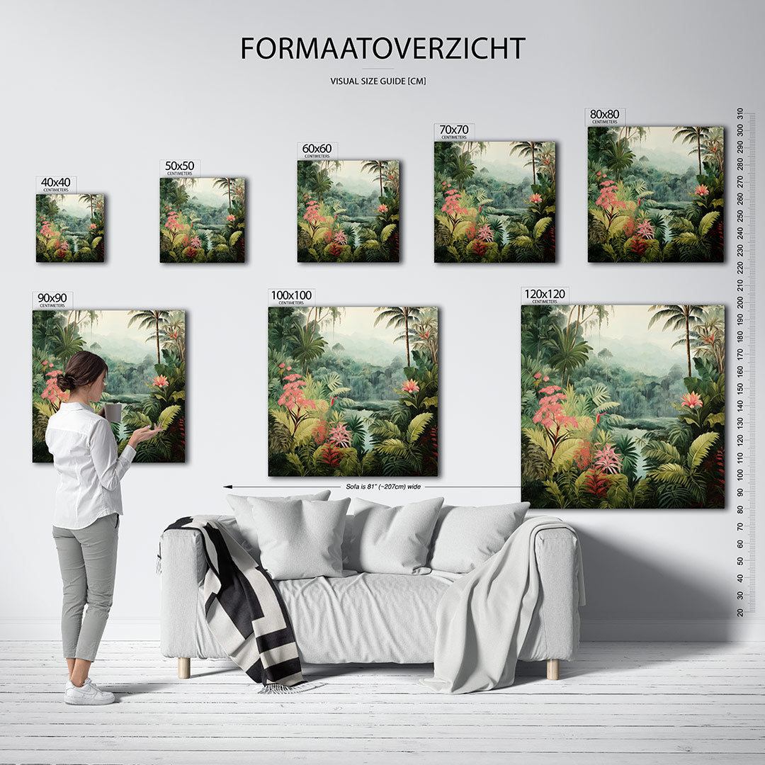 Tropisch landschap kunstwerk – dit werk toont een weelderig tropisch landschap met diverse planten en bloemen. De zachte