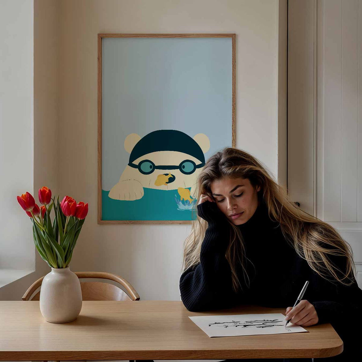 Zwemmende Beer met Vissevrienden – staande muurposter voor de kinderkamer