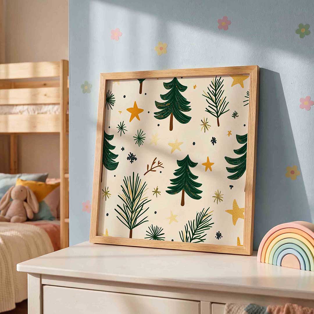 Kerstbomen en sterren – speelse wandkunst als vierkante kinderposter
